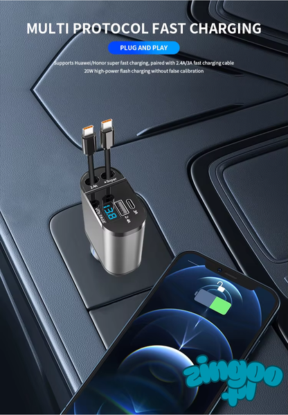 ZINGOO™ – Inteligentna ładowarka samochodowa 120W 5w1 z wysuwanym kablem i nastrojowym LED